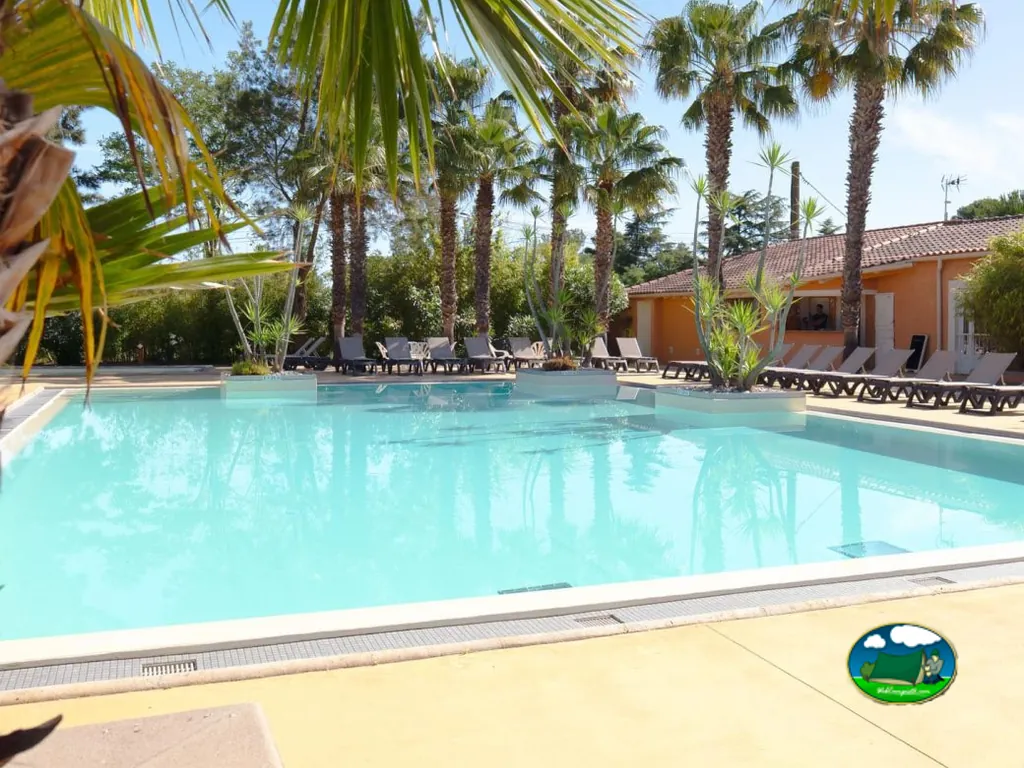 piscina grande rodeada de palmeras y tumbonas junto al edificio del camping en Argelès-sur-Mer