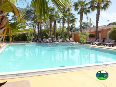 piscina grande rodeada de palmeras y tumbonas junto al edificio del camping en Argelès-sur-Mer