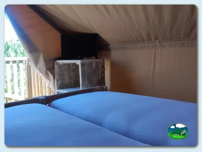 Glamping interior con cama y televisión del Camping Las Gaviotas, Santa María del Mar (Asturias)