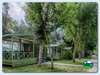 Mobil-home con terraza entre árboles del Camping El Faro, Conil de la Frontera (Cádiz)