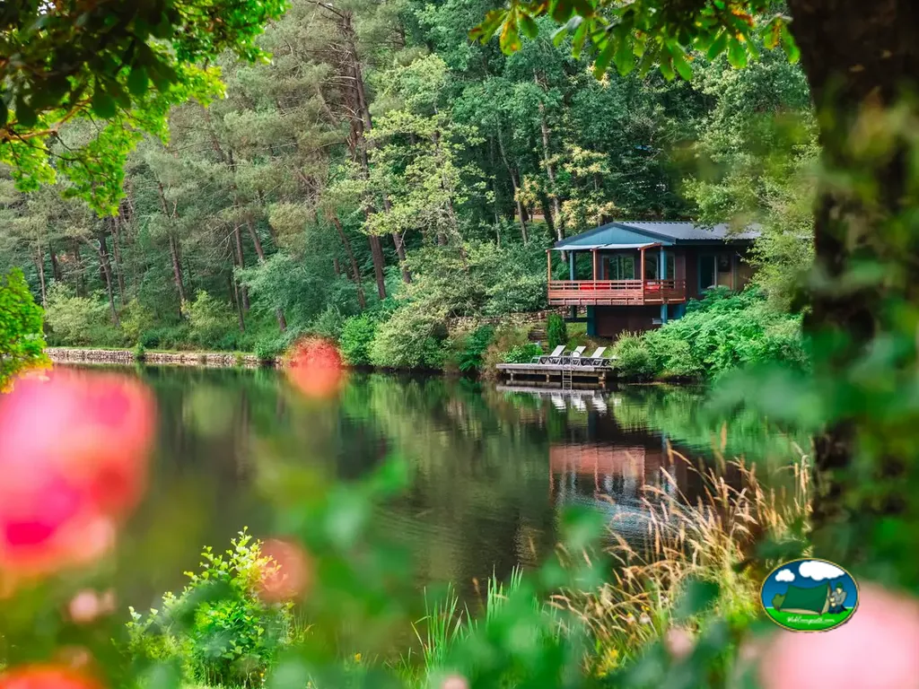 chalet de madera junto a un lago en calma, enmarcado por flores en primer plano, en el camping de Milhac-de-Nontron