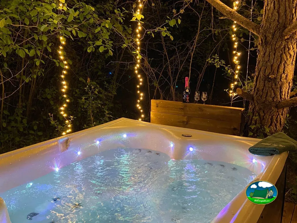 jacuzzi privado iluminado con luces de hadas y una botella de champán junto a los árboles de noche en Agos-Vidalos