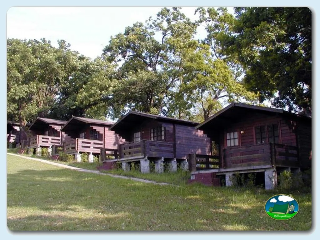 Cabañas de madera entre árboles del Camping Deva, Deva. Gijon (Asturias)