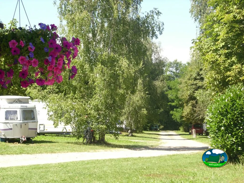 camino arbolado con caravana estacionada y flores colgantes en las parcelas del camping en Sciez
