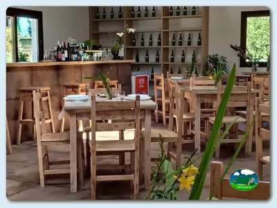 Restaurante con barra de vinos y mesas de madera del Camping Playa Sauces, Ribadesella (Asturias)