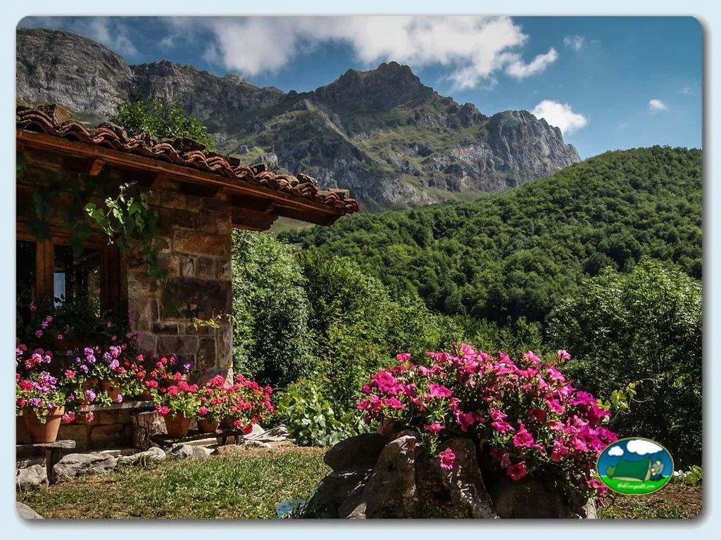 Cabaña con vistas a la montaña y flores silvestres del Camping El Redondo Picos de Europa, Fuente Dé (Cantabria)