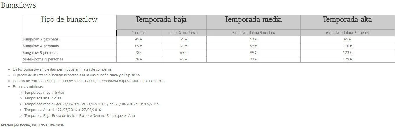 Plano de precios del Camping Río Purón, Rio Puron (Asturias)