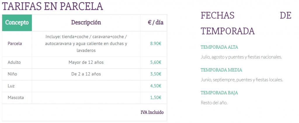 tarifas Camping Puerta de la Demanda Acampada