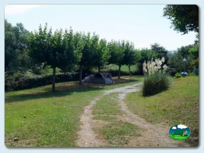 Parcela con tienda de acampada y arbolado del Camping Somo Parque, Ribamontán al Mar (Cantabria)