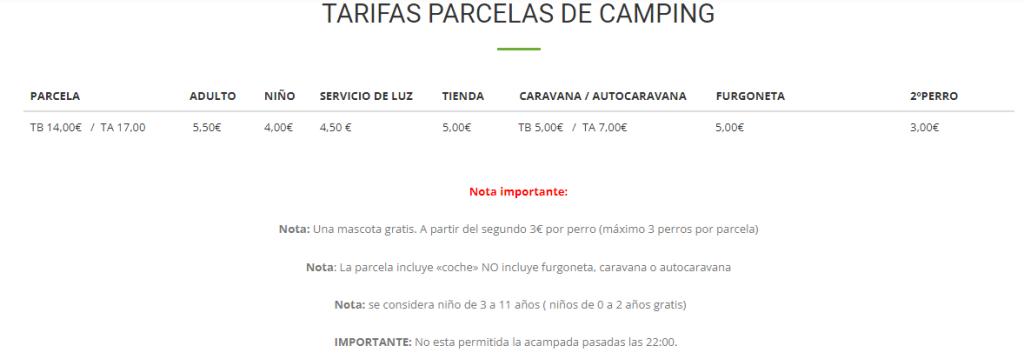 tarifas Camping Somo Parque Acampada