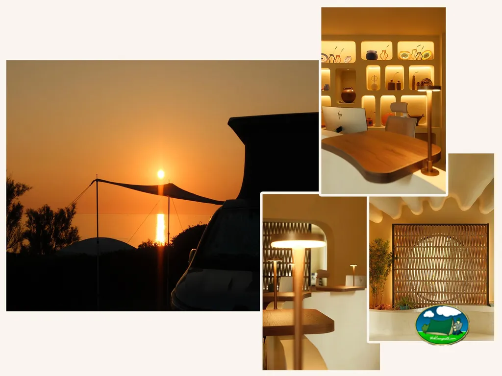 collage de atardecer junto a una autocaravana y espacios interiores de recepción del camping en Argelès-sur-Mer