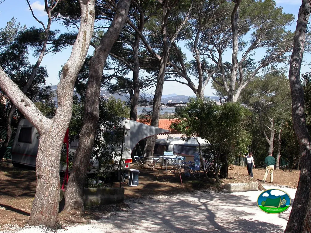 parcela de acampada bajo pinos con caravana, toldo y mesa, con dos personas paseando al fondo en Hyères