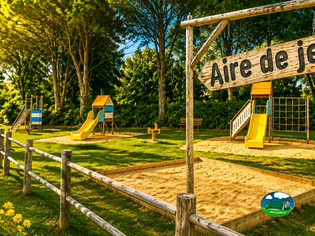área de juegos infantiles con toboganes amarillos y cartel de aire de juegos entre árboles en Commequiers