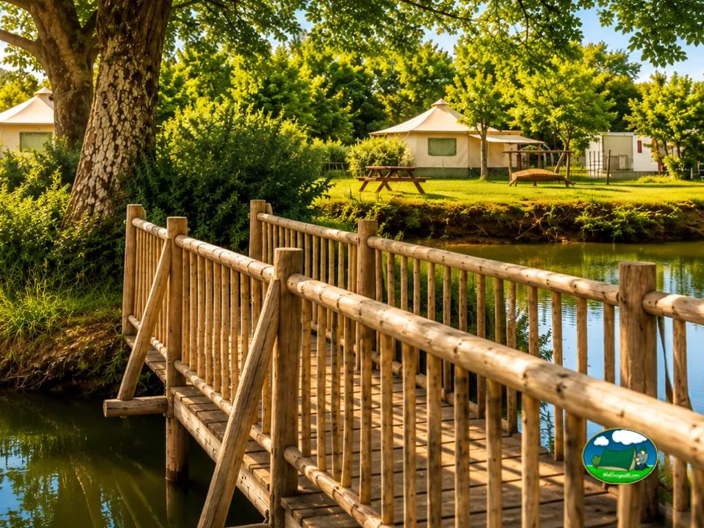 puente de madera sobre un estanque que lleva a tiendas de safari con mesa de picnic en Commequiers