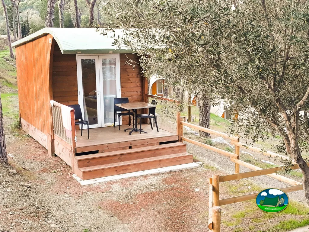 cabaña de madera tipo roulotte con terraza, mesa y sillas entre olivos en Banyuls-sur-Mer