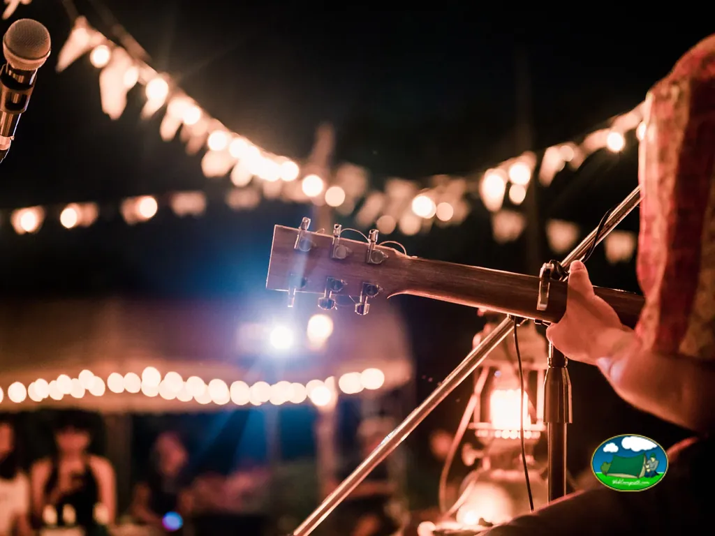 primer plano del mástil de una guitarra en una velada nocturna con guirnaldas de luces del camping