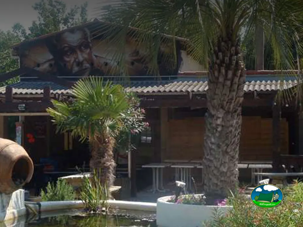 terraza de bar-restaurante con mural de un rostro y palmeras en Vic-la-Gardiole