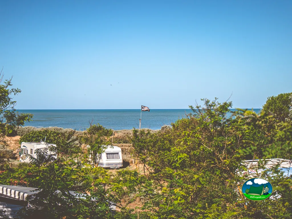 caravanas en parcelas arboladas con vistas al mar y bandera del camping en Saint-Georges-d'Oléron
