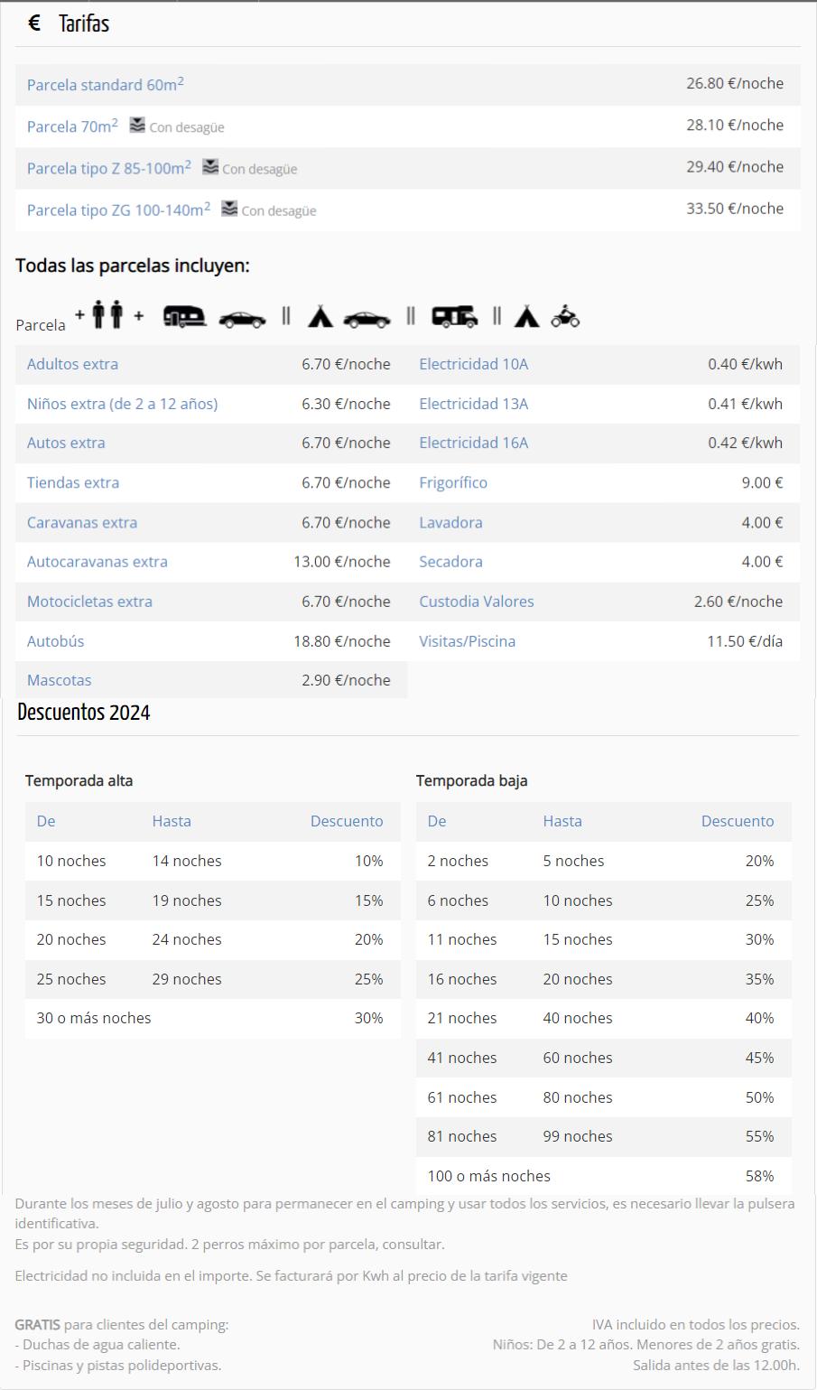 Tarifas  en Camping Roquetas, Almería, España