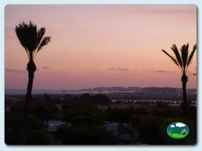 Río con vistas al atardecer, palmeras del Camping Roquetas, Roquetas de Mar (Almería)