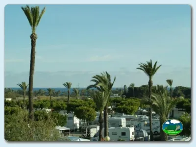 Parcelas junto al mar con palmeras y mobil-homes del Camping Roquetas, Roquetas de Mar (Almería)