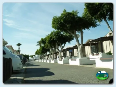 Mobil-home con vistas a la avenida arbolada del Camping Roquetas, Roquetas de Mar (Almería)