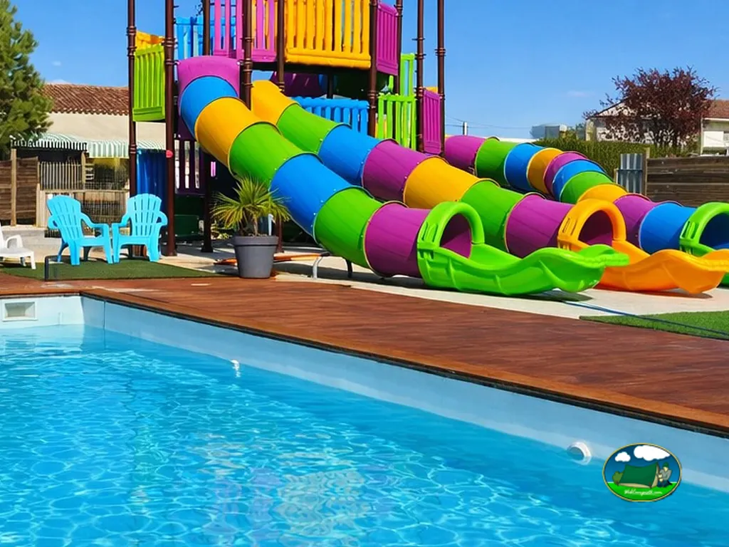 piscina con tobogán acuático multicolor y tumbonas en el camping La Taillée en Aigrefeuille-d'Aunis