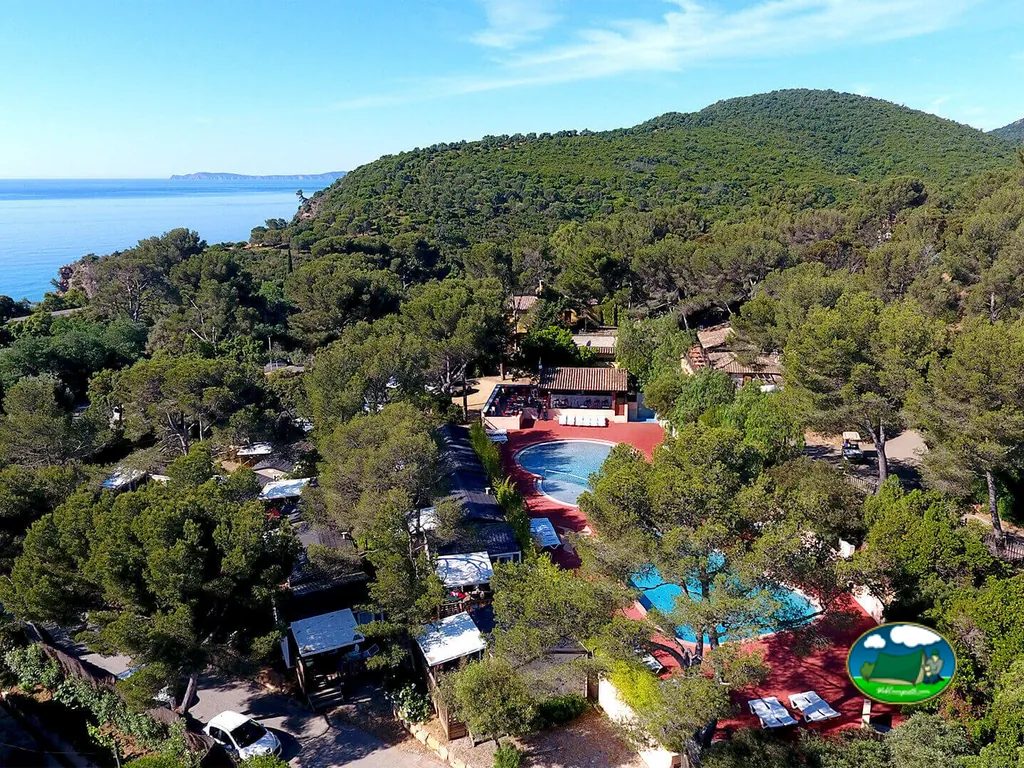 vista aérea del camping entre pinos con piscina y el mar al fondo en Cavalaire-sur-Mer