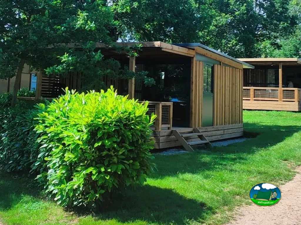 exterior de un bungalow de madera con terraza cubierta entre setos