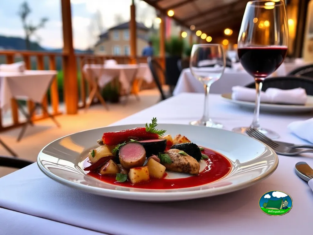 plato gourmet con copas de vino en la terraza del restaurante del camping