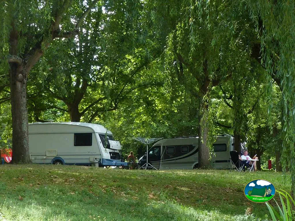 caravanas bajo sauces frondosos en parcelas sombreadas del camping en Bergerac