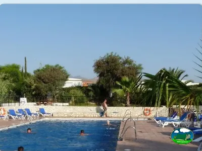 Piscina con vistas a montaña y palmeras del Camping Los Gallardos, Los Gallardos (Almería)