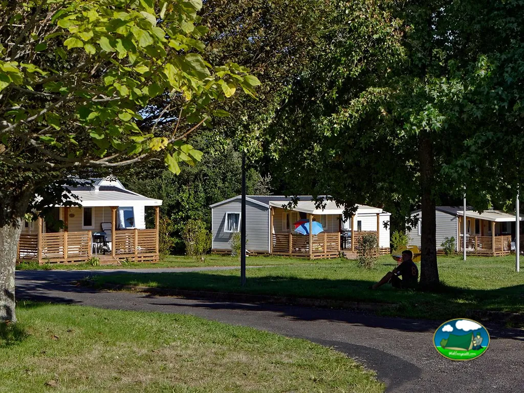 hilera de mobile homes con porches de madera bajo grandes árboles del camping