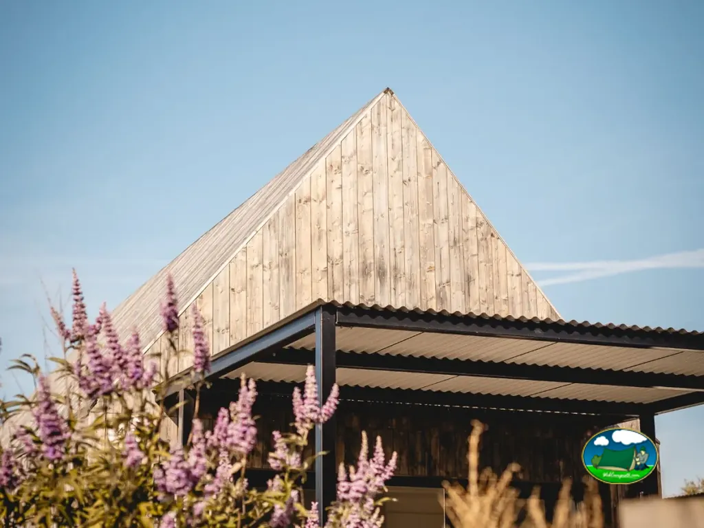 fachada de madera en punta con arbusto de flores moradas en primer plano