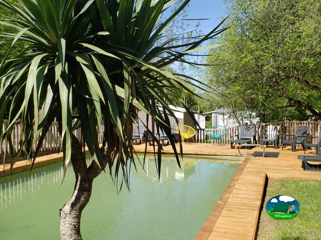piscina natural con terraza de madera y mobil-homes al fondo en Tursac