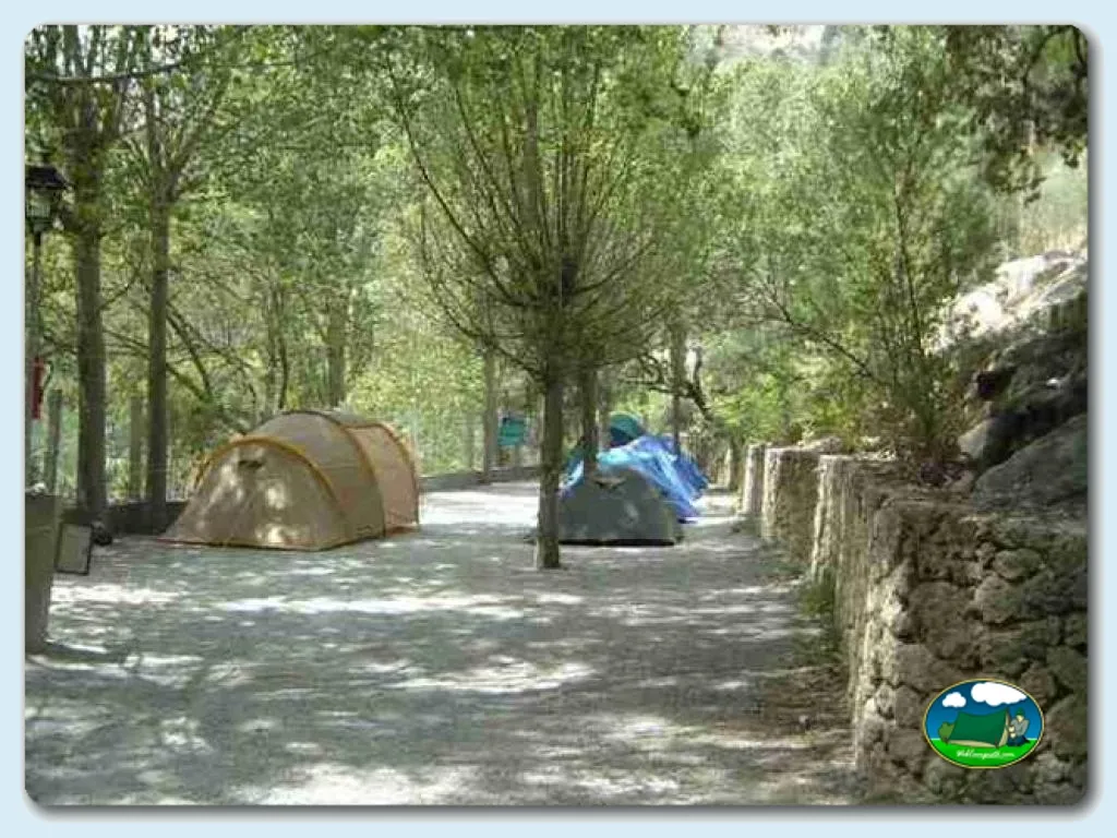 Parcela arbolada con tiendas de acampada del Camping El Cortijillo, Castril (Granada)