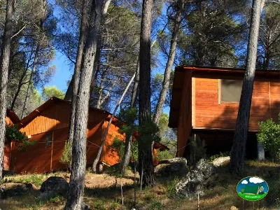 Cabaña de madera en entorno de sierra arbolada del Camping El Robledo, Segura de la Sierra (Jaén)