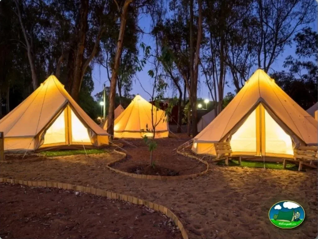 Glamping tiendas de lona iluminadas al atardecer entre árboles del Camping Playa Taray, La Redondela (Huelva)
