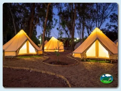 Glamping tiendas de lona iluminadas al atardecer entre árboles del Camping Playa Taray, La Redondela (Huelva)