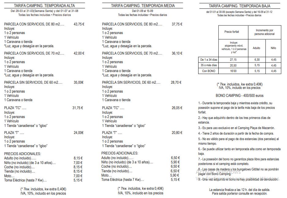 Tarifas Parcelas en Camping Playa de Mazarrón, España
