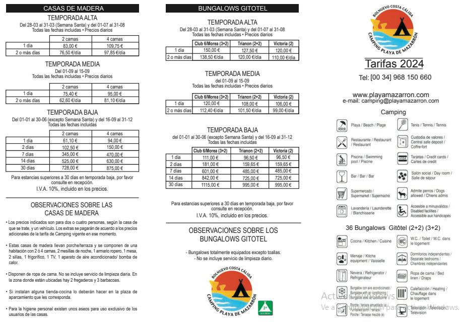 Tarifas Bungalows en Camping Playa de Mazarrón, Murcia, España