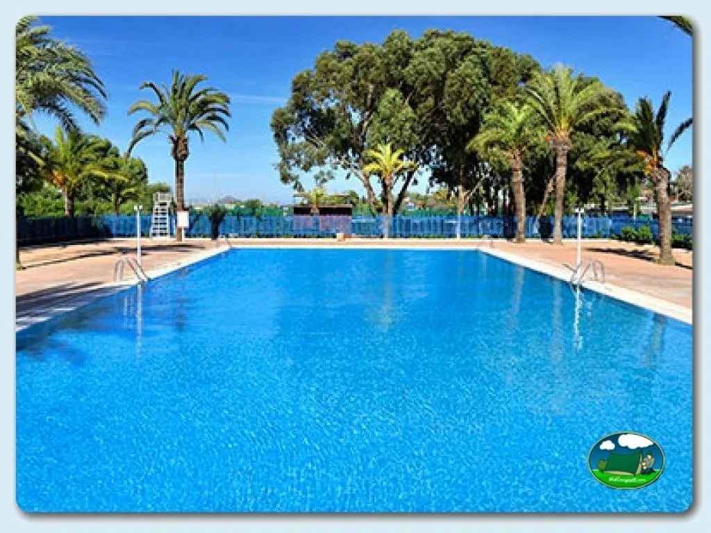 Piscina con vistas al río y palmeras del Camping La Manga, La Manga del Mar Menor (Murcia)