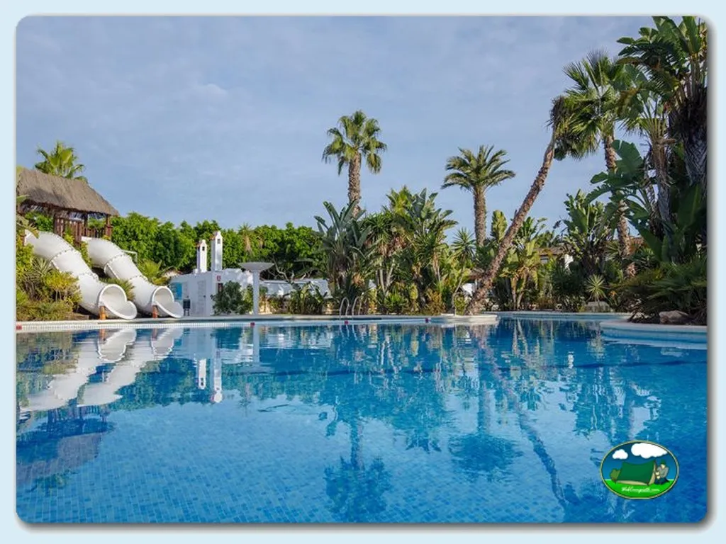 Piscina con toboganes y palmeras del Camping Alannia Guardamar, Guardamar del Segura (Alicante)