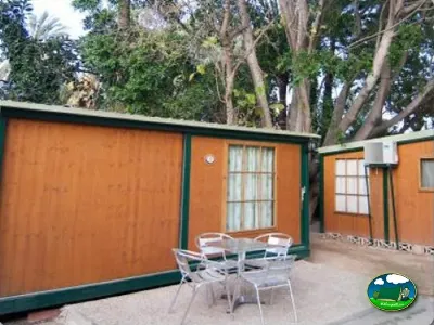 Bungalow con terraza y sombrilla bajo árboles del Camping Internacional Las Palmeras, Crevillent (Alicante)