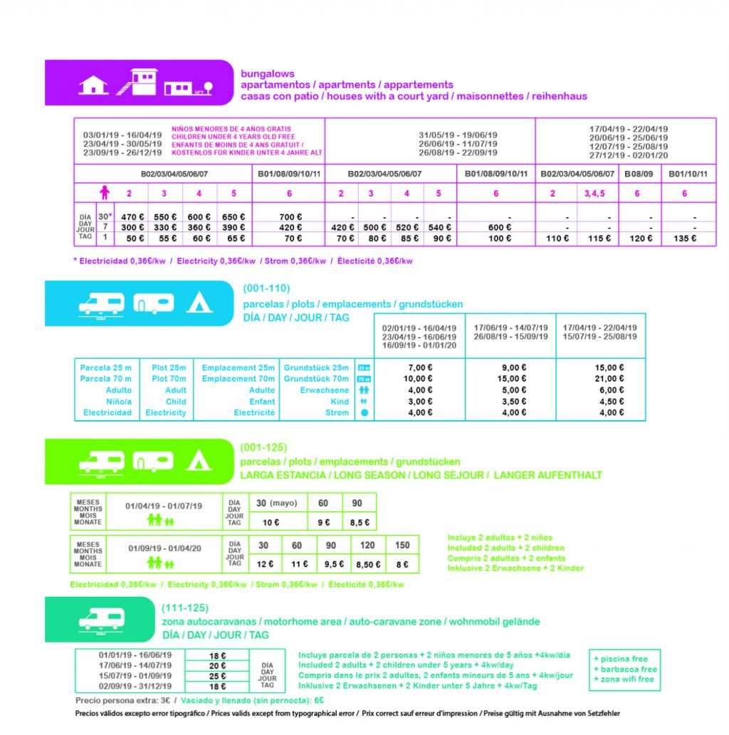 tarifas Camping El Jardín 