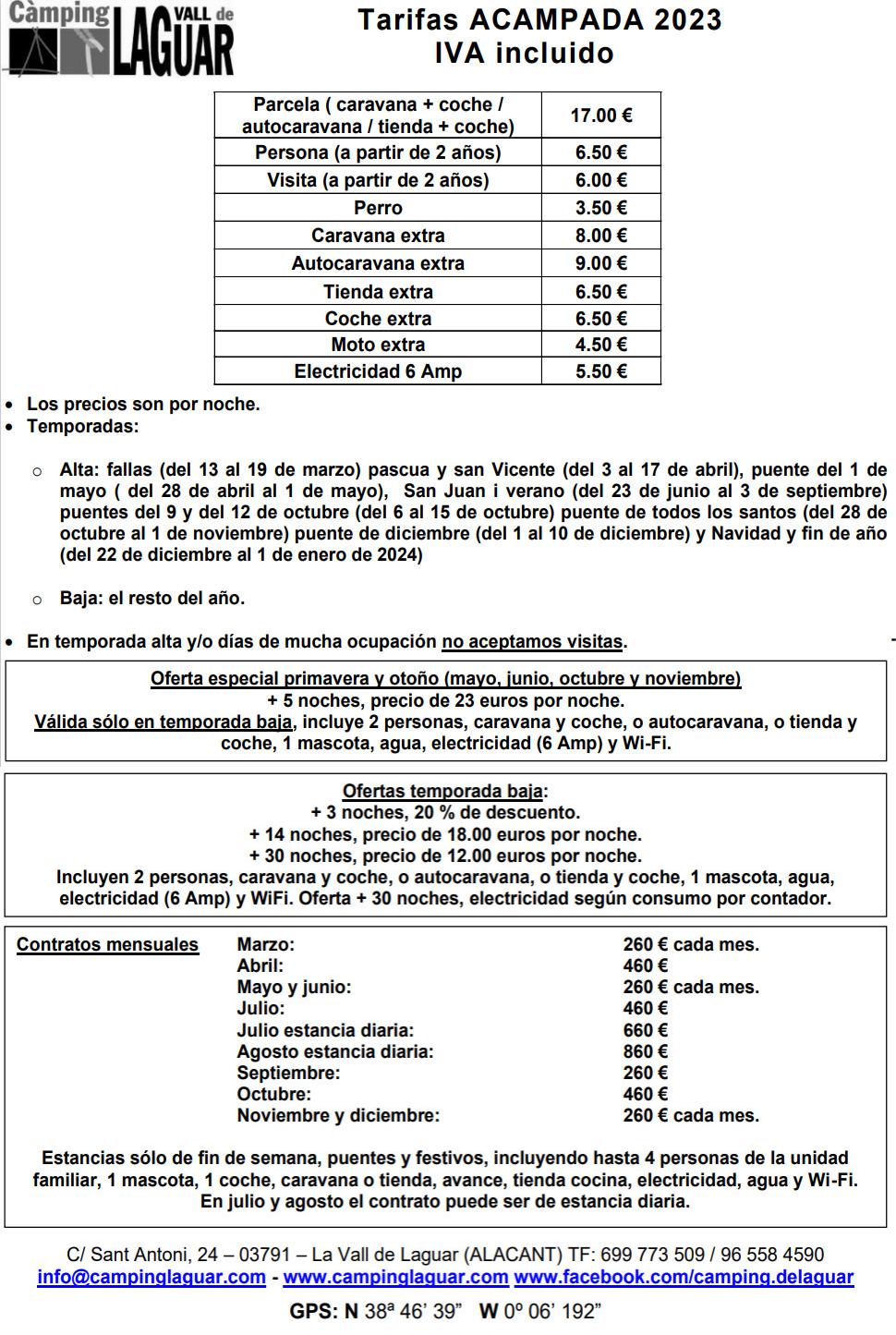 Tarifas Camping en Camping  Vall de Laguar, Alicante, España