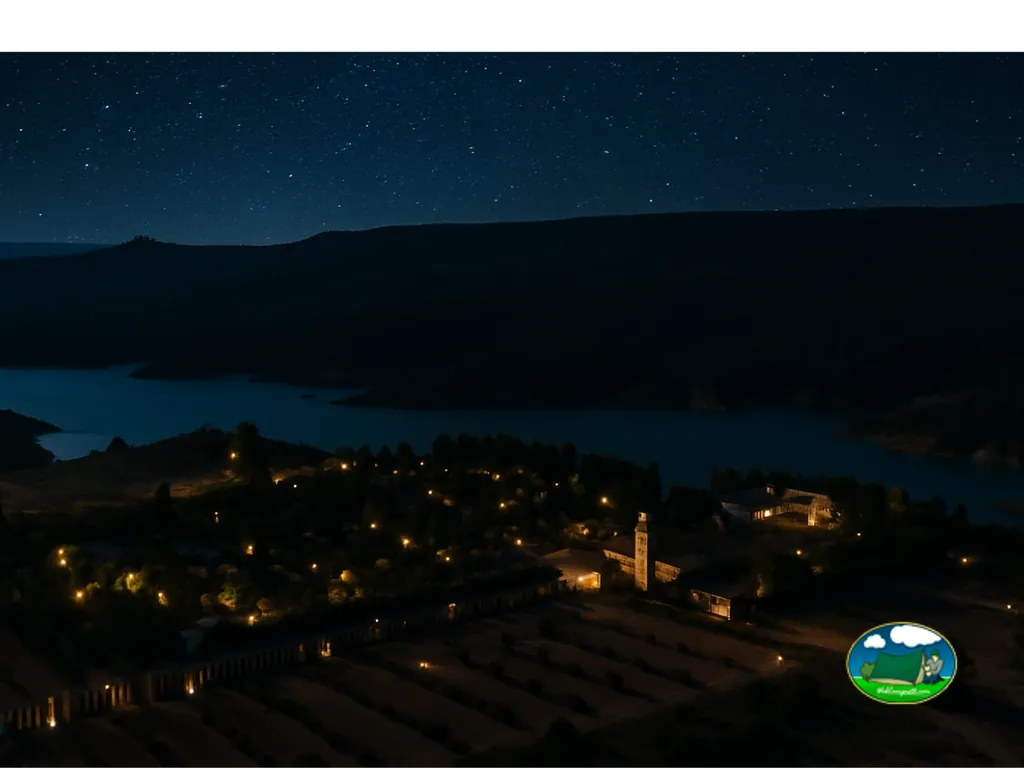 Montaña y lago con iluminación nocturna del Camping Kikopark Rural, Villargordo del Cabriel (Valencia)