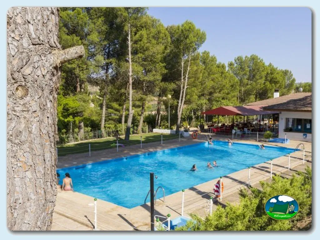 Piscina con vistas a la montaña y zona arbolada del Camping Lago Resort, Nuévalos (Zaragoza)