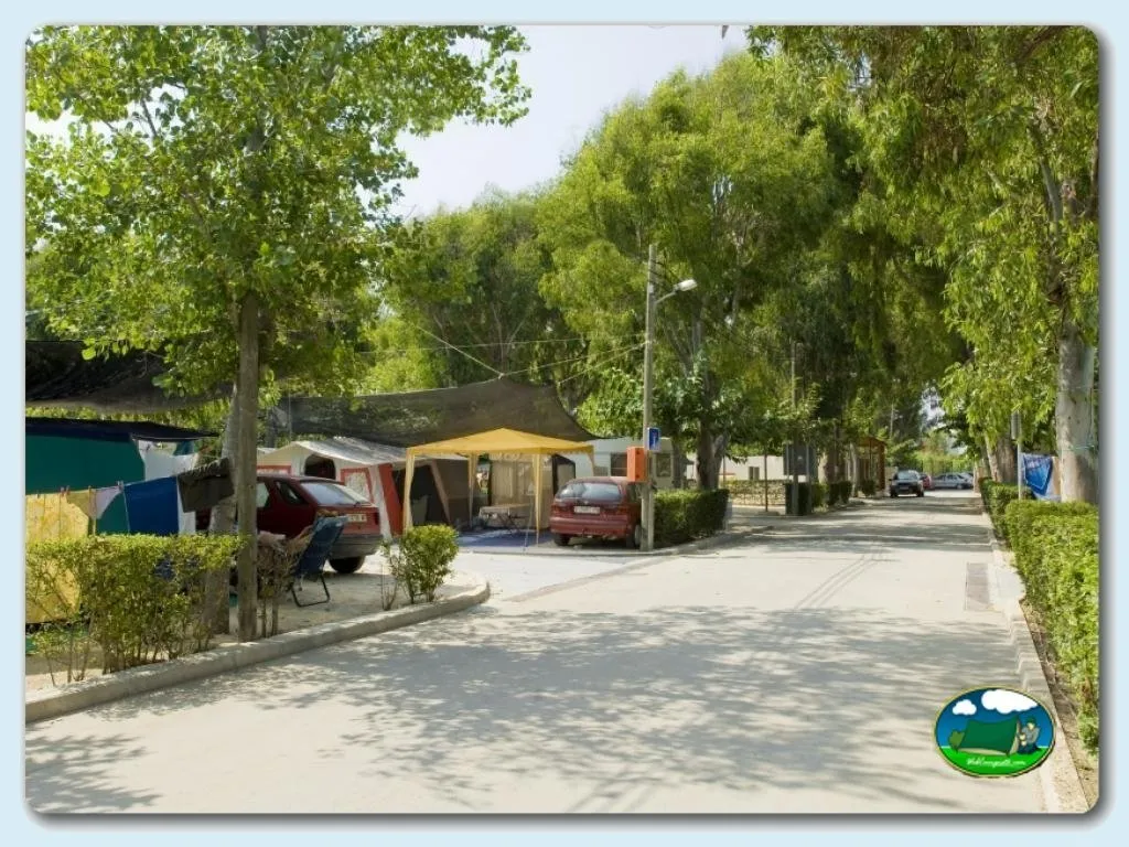 Mobil-home con toldo amarillo entre árboles del Camping Euro Camping, Oliva (Valencia)