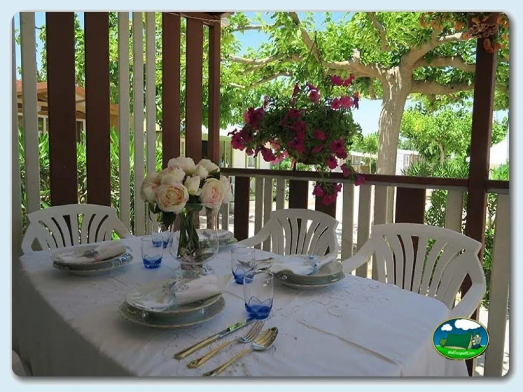 Restaurante con terraza y flores, vista al jardín del Camping Azul, Oliva (Valencia)